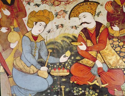 Shah Abbas I and a Courtier offering fruit and drink (detail) by Persian School